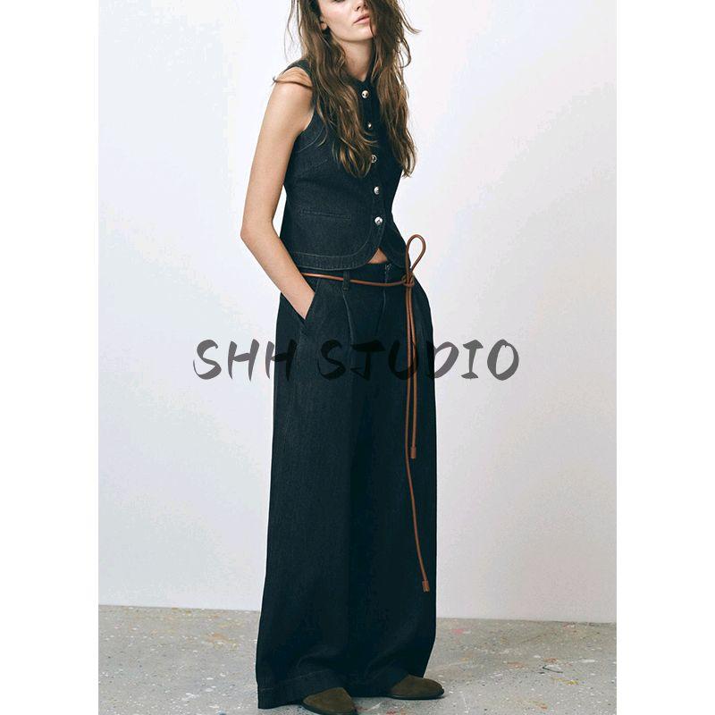 Spring and Summer New Round Neck Denim Silm Vest 3777021 Pleated Mid Waist Wide Leg Denim 3777023
