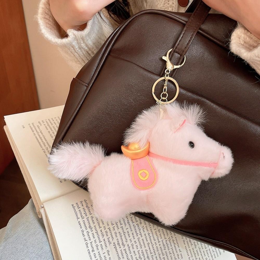 Creative Plush Horse Keychain Cute Stuffed Animal Keyring Yuanbao Pony Pendant Car Decoration