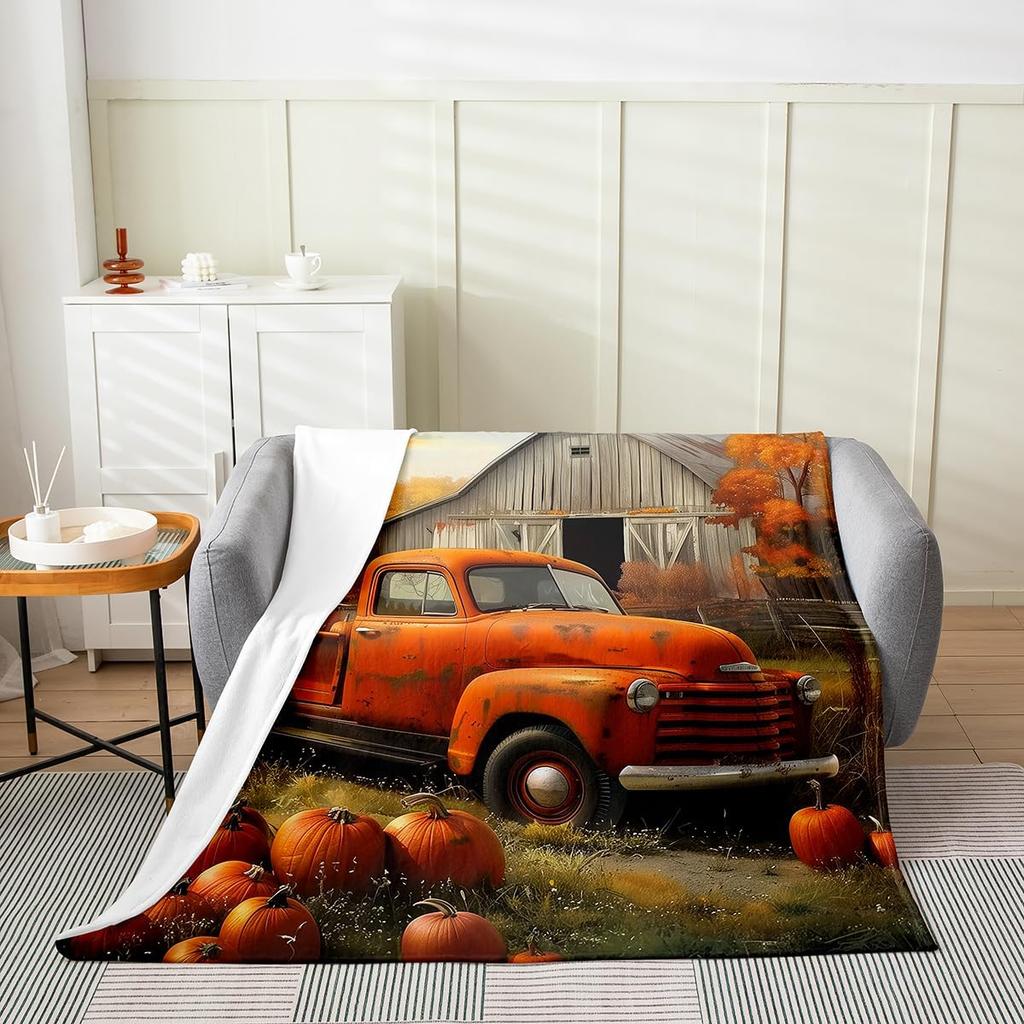 GUOYU Blanket Fall Pumpkin Harvest Fleece Flannel BlanketRustic Maple Autumn Leaves Bed Plush Blanket for Rustic Home DecorHarvest Patchwork