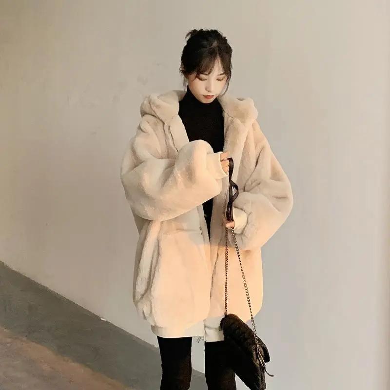 Loose Thick Plush Coat for Women Winter Imitation Fur Rabbits Grass Coat Female Warm Zipper Jacket Hooded Parka Overcoat