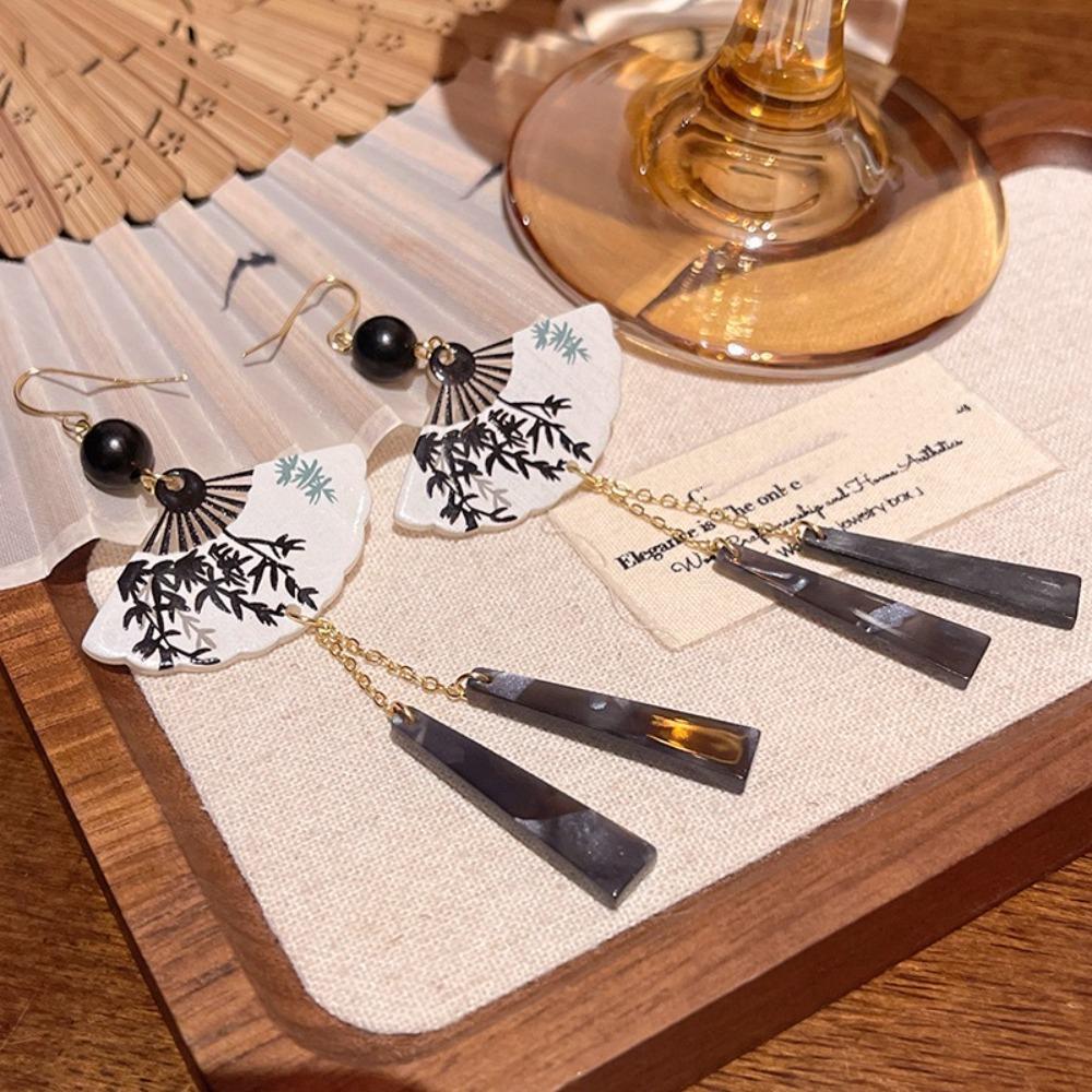 Leaf Fan Shaped Drop Earrings Tassel Exaggerated Long Earrings Chinese Style Earrings  Party