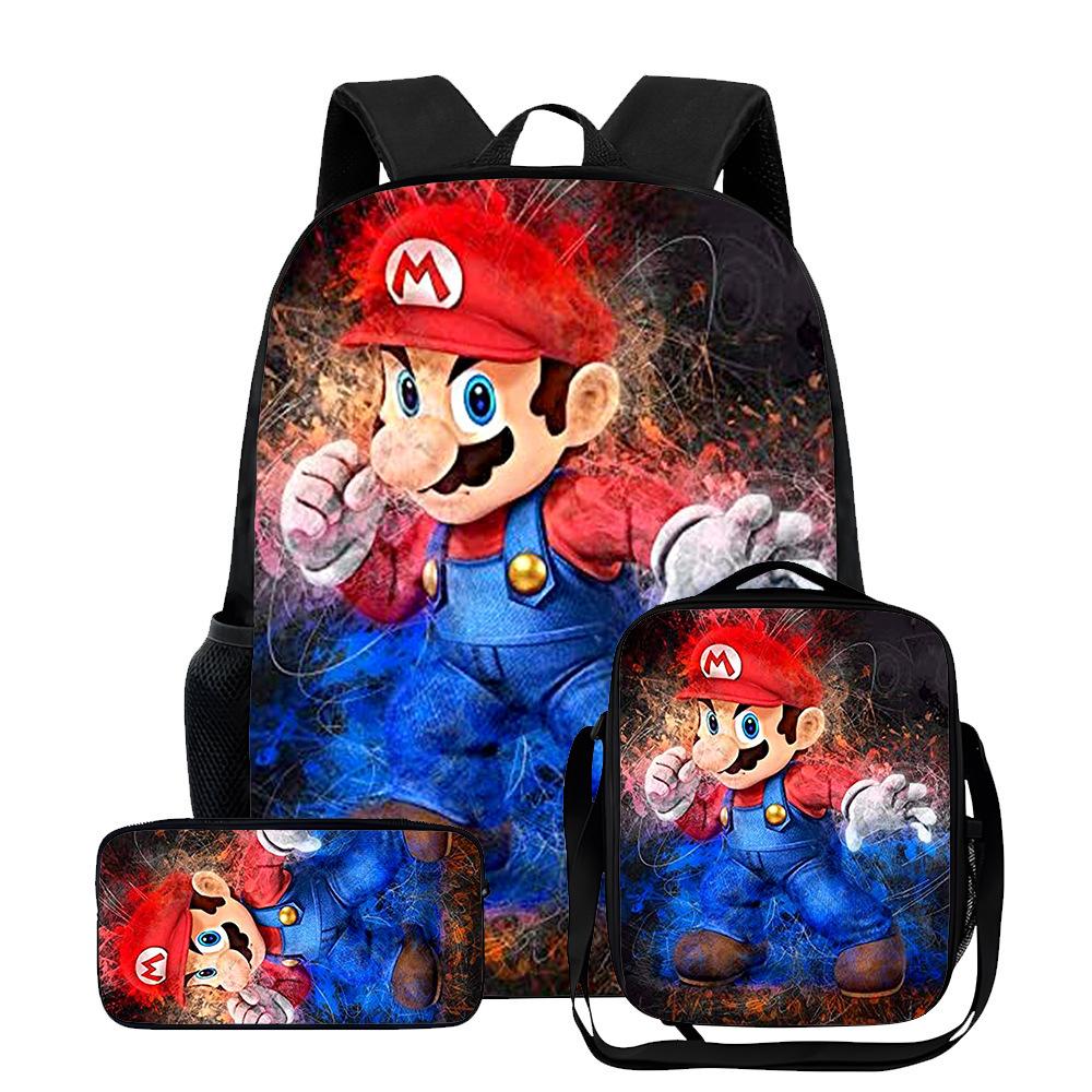 New Mario cartoon backpack, three-piece set for primary and secondary school students, school bag, backpack, shoulder bag, pencil case.