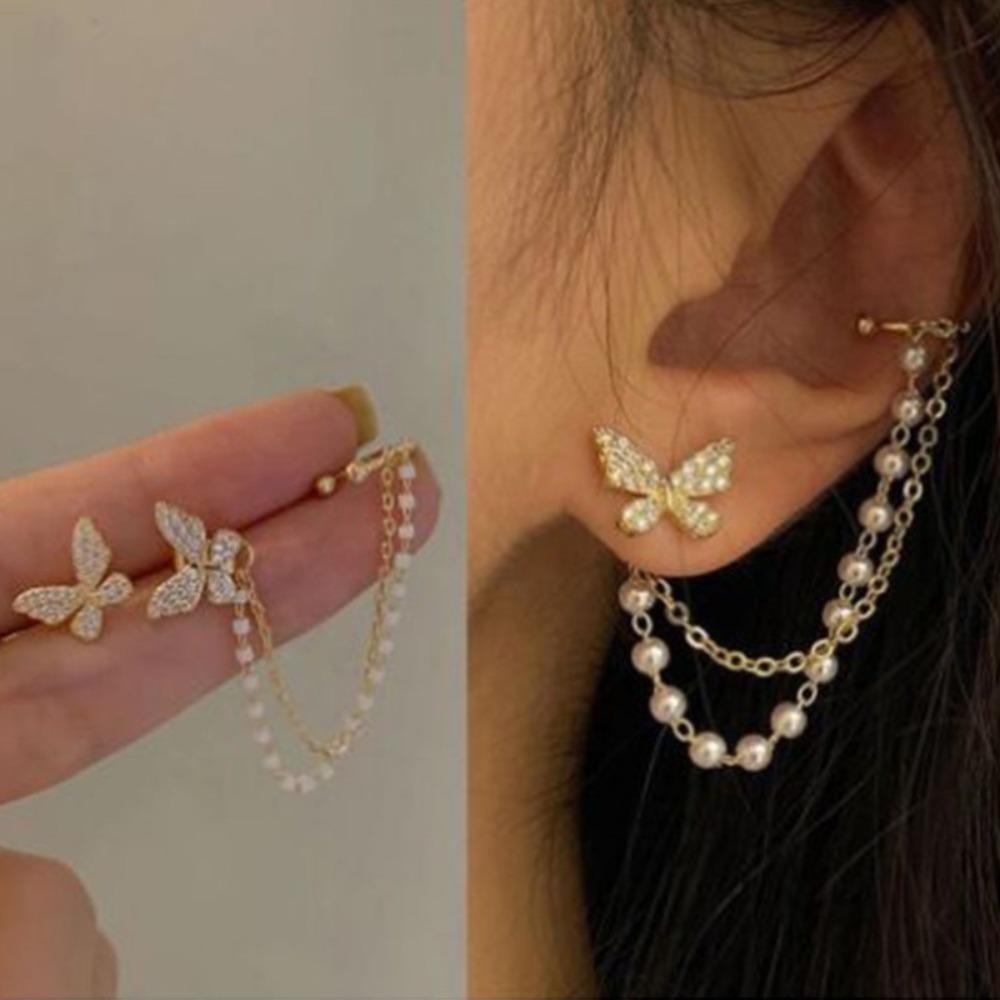 Butterfly Pearl Tassel Chain Earrings -   Ear Clips, Ear Bone Cuff with Dainty Pearl Accents, All-Season Sexy Cute Ear Jewelry