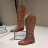 Модные вышитые ковбойские сапоги в западном стиле, женские осенние сапоги с круглым носком и толстым каблуком, высокие сапоги для женщин, винтажные длинные ботинки из искусственной кожи с V-образным вырезом