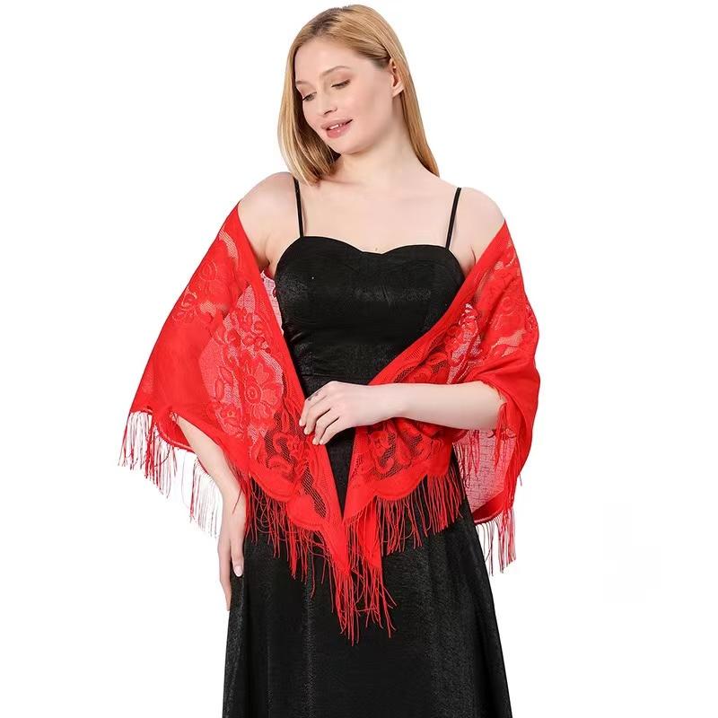 Womens Triangle Poncho Multiple Colors Sheer Tassels Scarf Lace Wedding Party Accessories