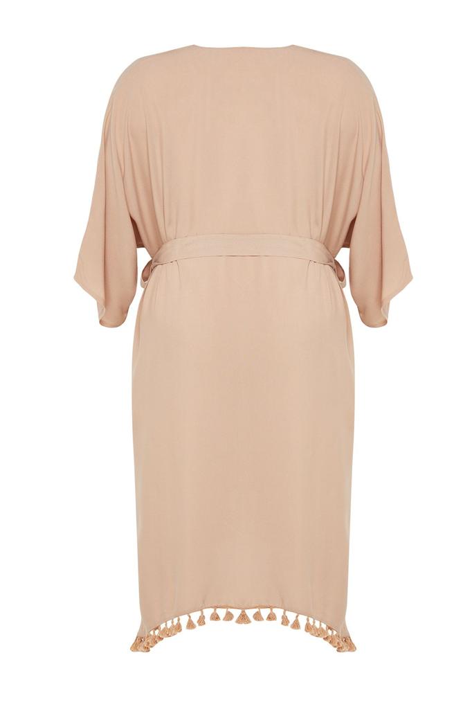 Women's Style Plus Size Beige Kimono & Kaftan with Tassel Hem