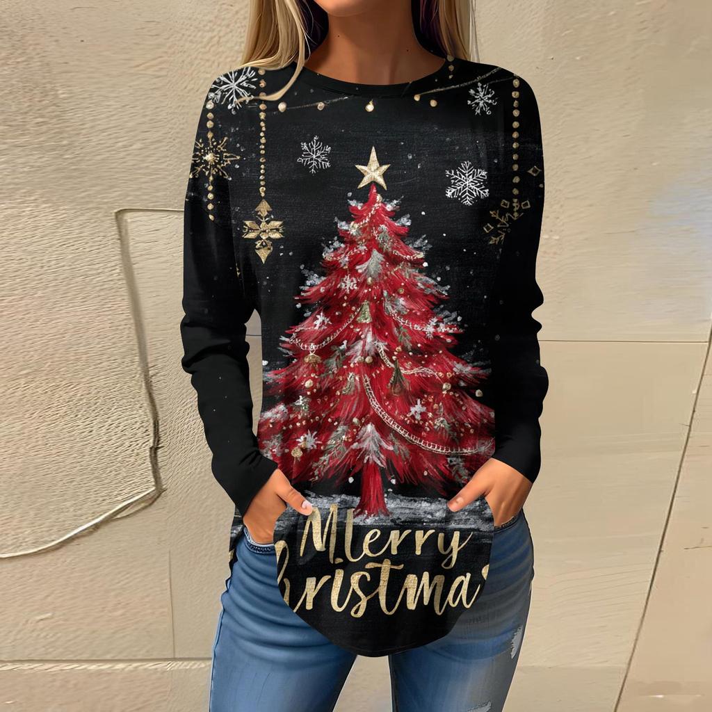 Tee Shirts For Women Casual Round Neck Long Sleeve Shirts Christmas Printing Top Pullover