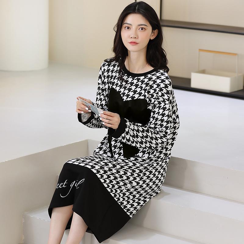 Хлопковое платье с принтом, женская пижама, корейская осенняя ночная рубашка миди с круглым вырезом и длинными рукавами, домашняя одежда, повседневная шикарная одежда