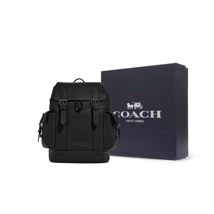 Coach Hudson 30 Solid Color Flap Drawstring Closure Internal Zipper Pocket Natural Grain Leather Backpack Men backpack Black CB837-QBBK