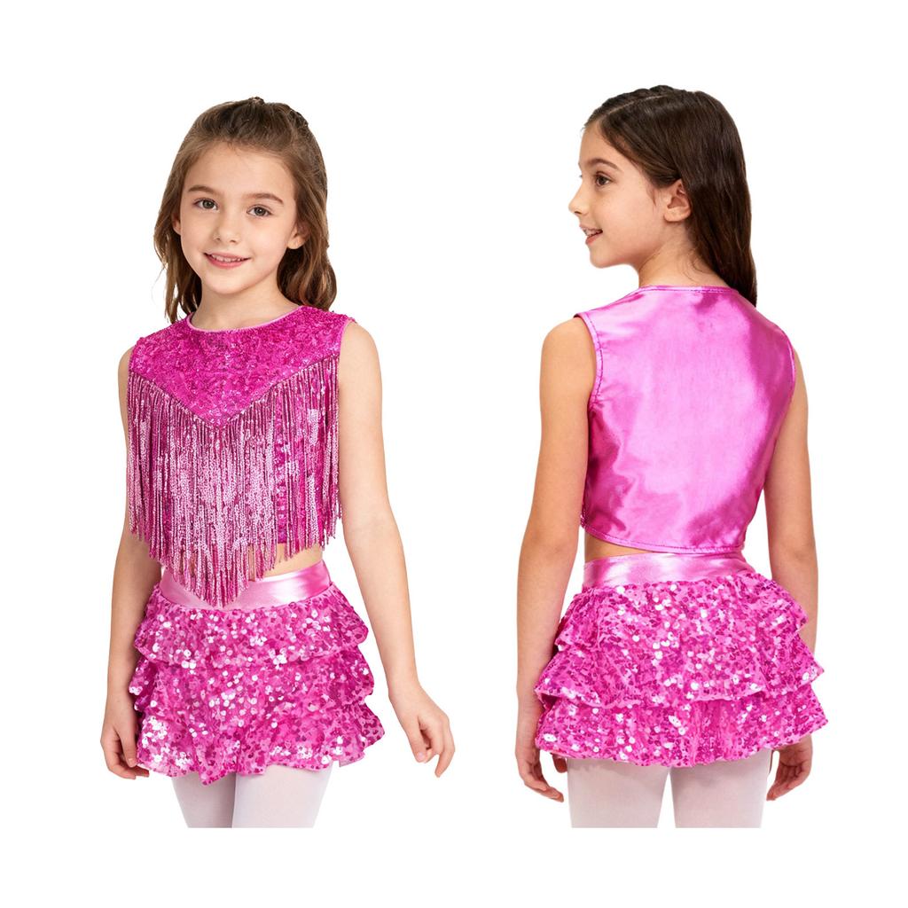 Complete 70s Disco Costume Set for Kids Girls: Shiny Metallic Top with Chest Tassels & Tiered Ruffle Shorts, 2-Piece Outfit