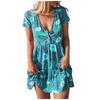 Women's Fashion Loose V-Neck Short Buttons Printing Casual Dress