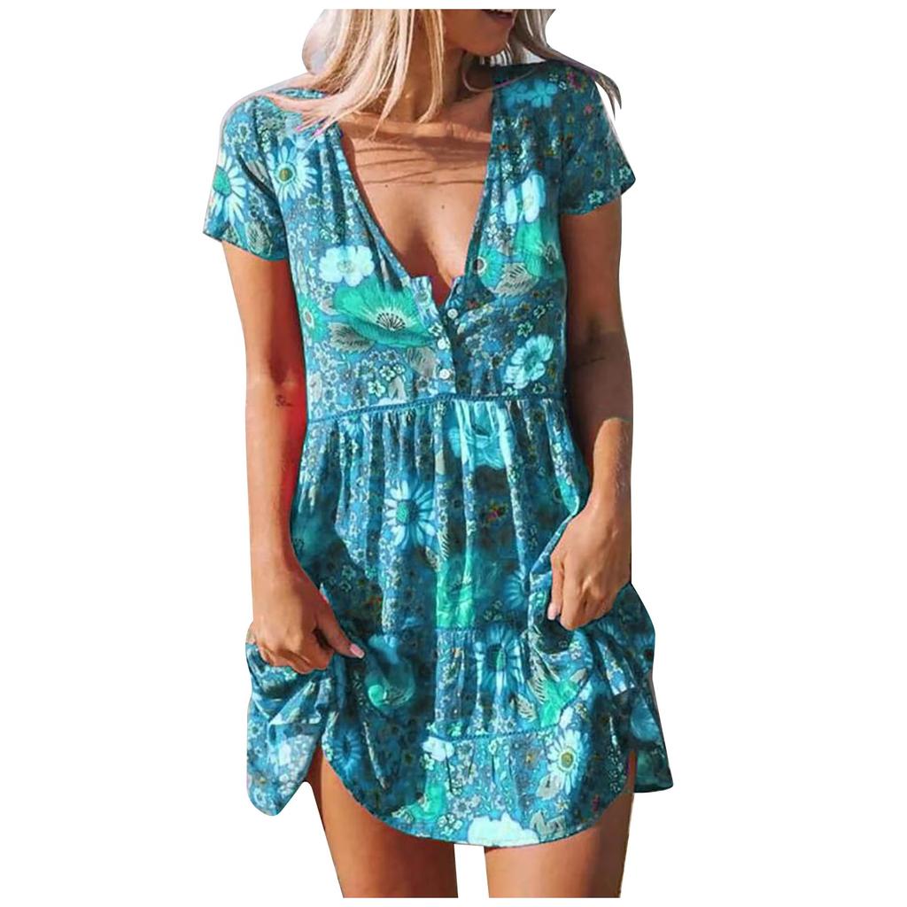 Women's Fashion Loose V-Neck Short Buttons Printing Casual Dress