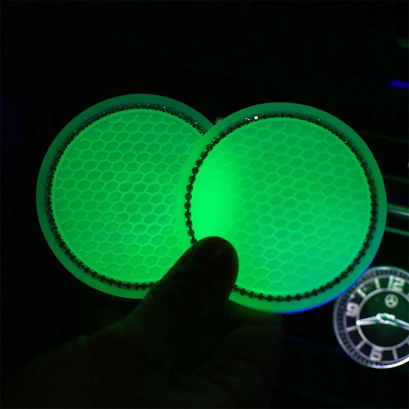 2pcs Non-slip Car Water Cup Pad Luminous Car Coaster Pad Mat Cup Bottle Holder Rhinestone Rubber Pad Mat Car Styling Accessories