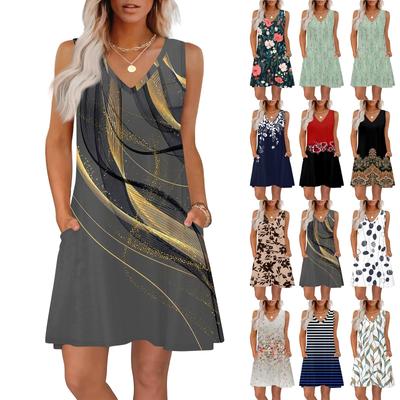 Женские летние платья свободного кроя с принтом V-образным вырезом без рукавов сарафаны пляжное гавайское платье с карманами
