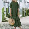Women Dot Print Maxi Dress Summer Short Sleeve Crew Neck Long Dress Casual Pleated Swing Beach Sundress