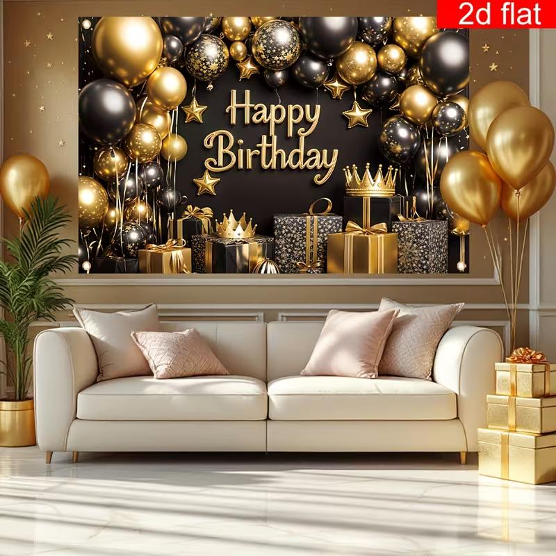 2D Black Gold Balloon Happy Birthday Backdrop with Crown and Gift Box Party Banner