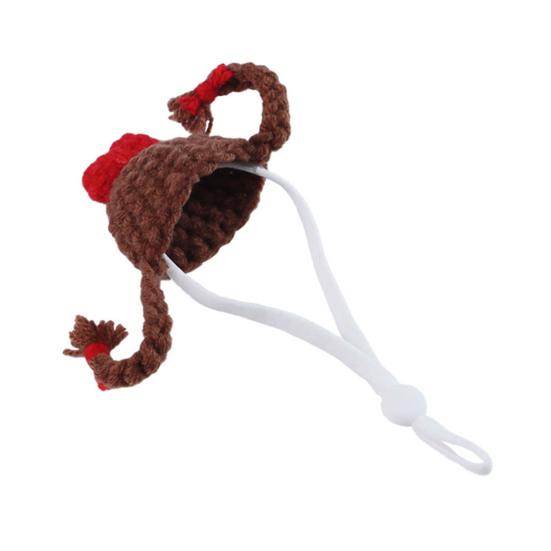 Вязаная шапка хомяка для питомцев, шапка с двумя косами и регулируемым ремешком