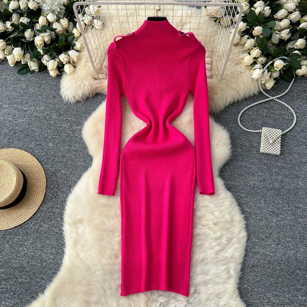 Весна Осень Женский Элегантный Вязаный Свитер со Стойкой Воротником Офисная Работа Длинные Миди Приталенные Платья-Футляры