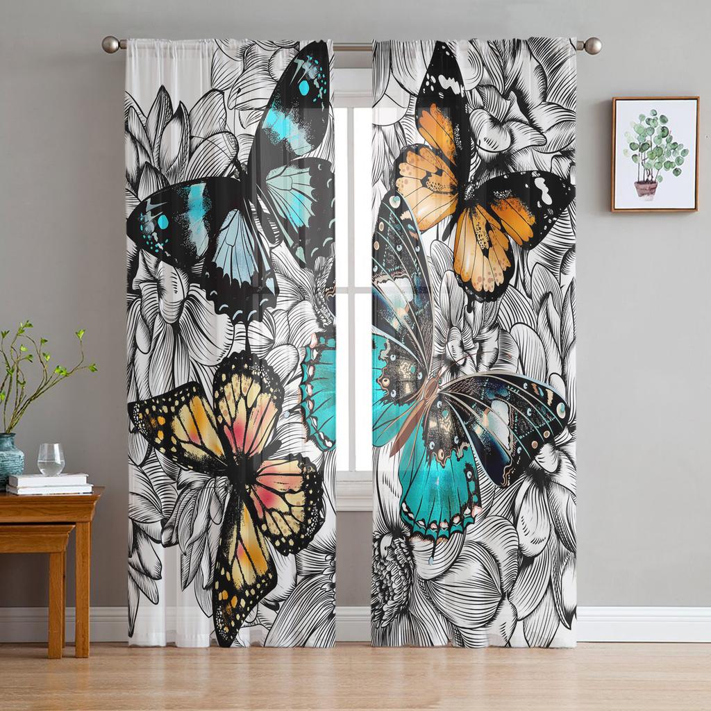 Flower And Colorful Butterfly Sheer Curtains For Living Room Bedroom Kitchen Home Decor Tulle Voile Curtains Windows Drapes