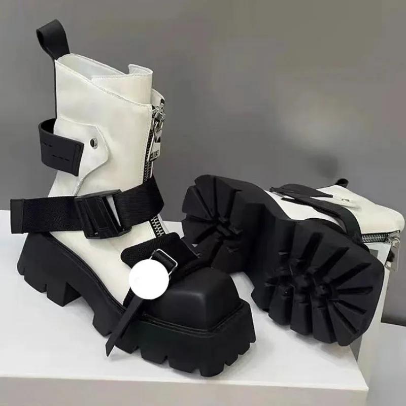 2024 Европейский стиль квадратный носок толстый каблук мотоциклетные ботинки женские кожаные молния спереди короткий ремень пряжка модные ботинки челси