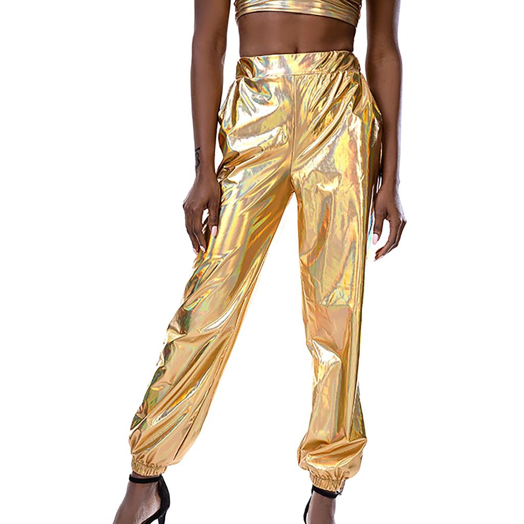 Женские блестящие эластичные спортивные брюки свободного кроя, повседневные леггинсы для бега, вечеринки, дискотеки, клубная одежда