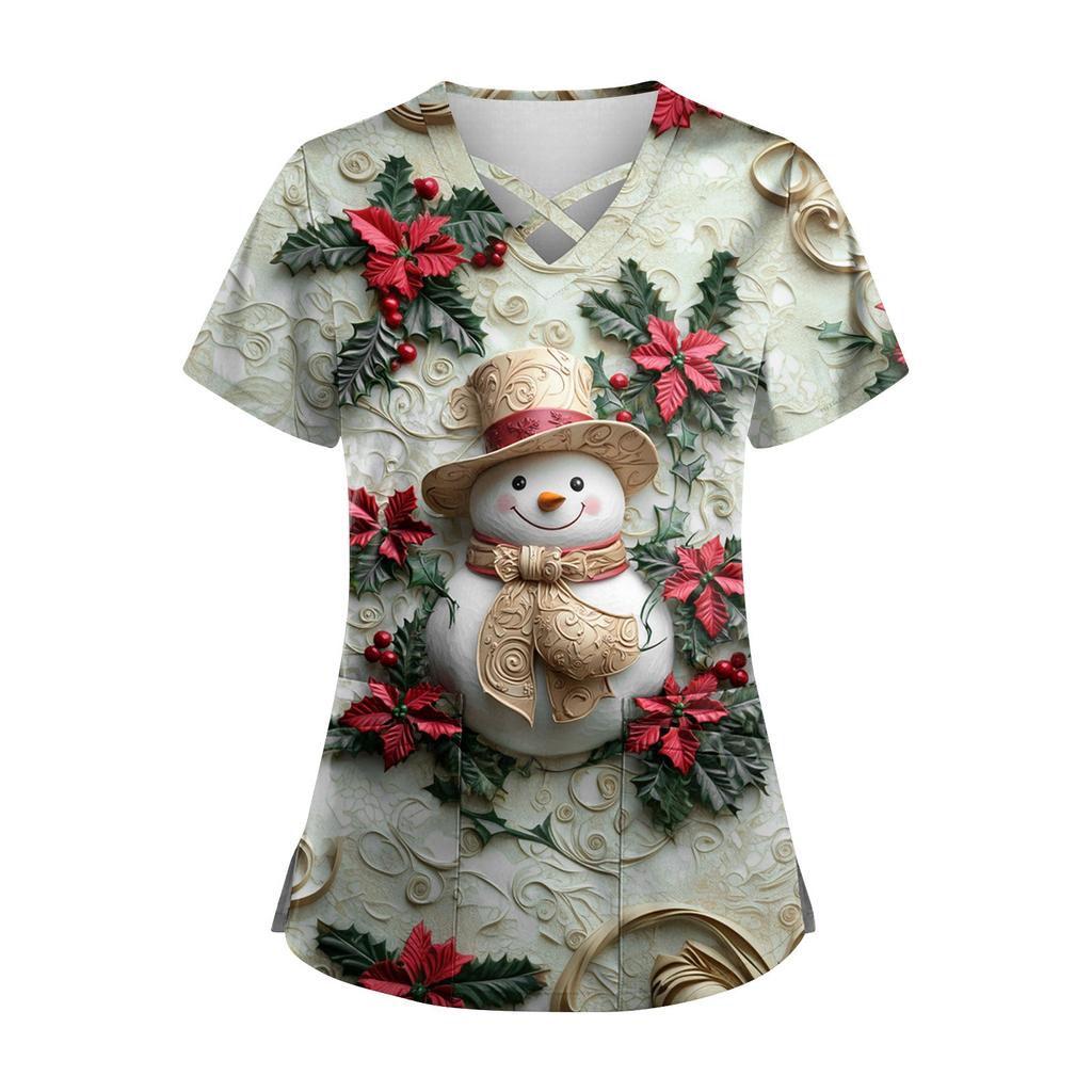 Women's Short Sleeve Stagger V Neck Christmas Print Pocket Dry-nurse Top