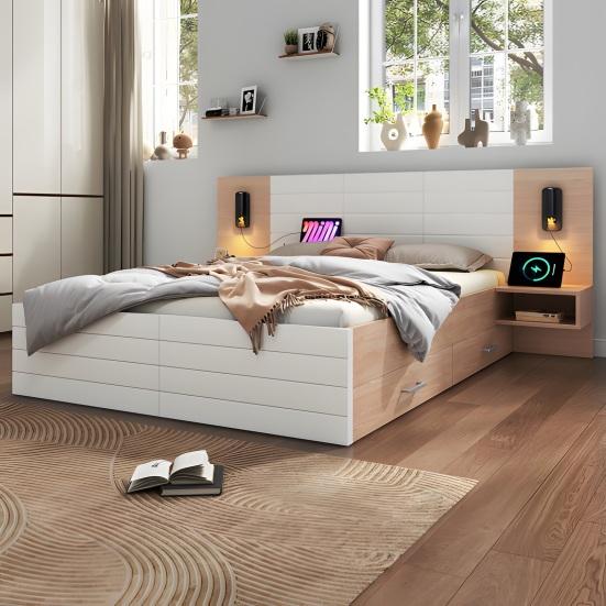 160x200cm Double Bed with 2 Drawers Bedside Cabinets Reading Light Headboard USB Charging Function Strong Wood Slat Support Bed Bedroom