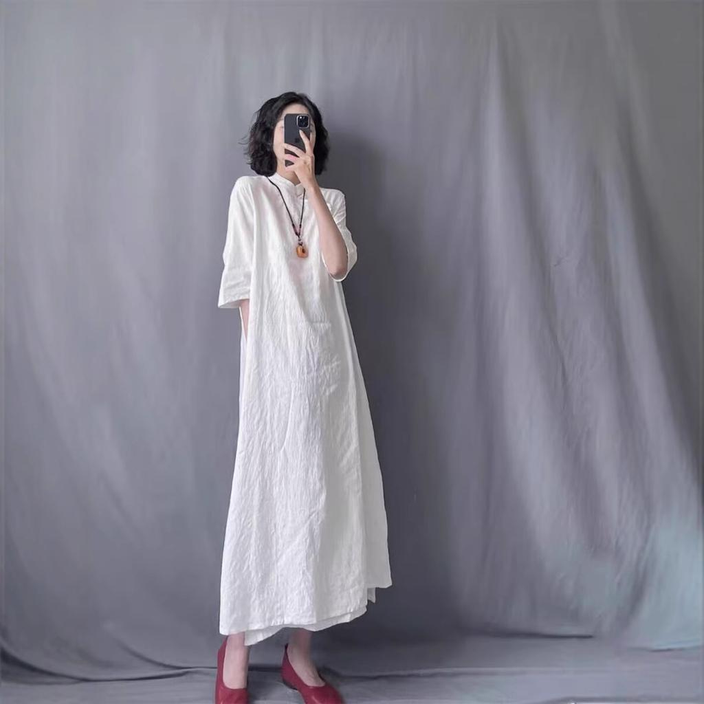 Ретро простой и элегантный ручной работы пряжка диагональная планка воротник-стойка улучшенный ципао женский летний новый короткий рукав жаккардовый хлопок и лен