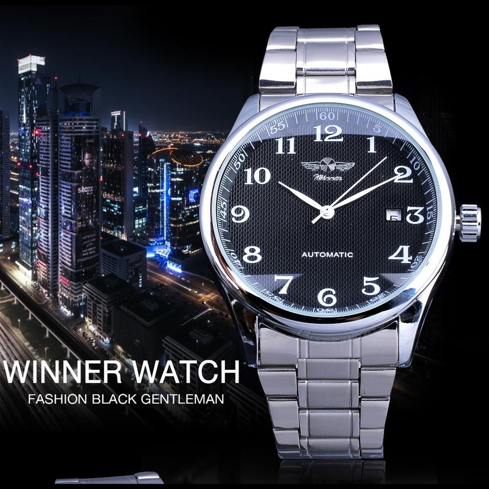 Winner New Top Men's Watch Simple Fashion Men's Automatic Mechanical Strap Calendar Silver Stainless Steel Strap PU Strap