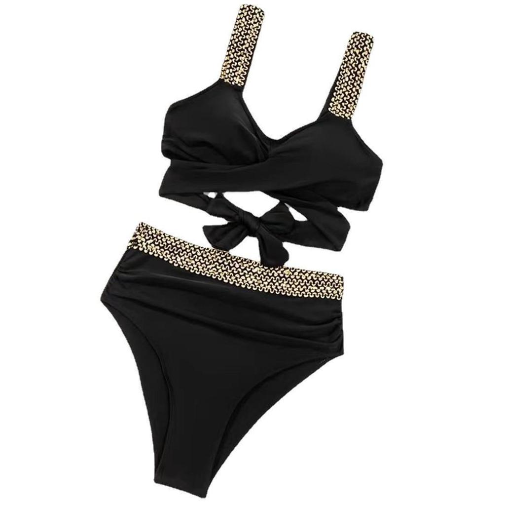 Бикини с высокой талией и леопардовым принтом 2023 года, пайетками и золотой резинкой