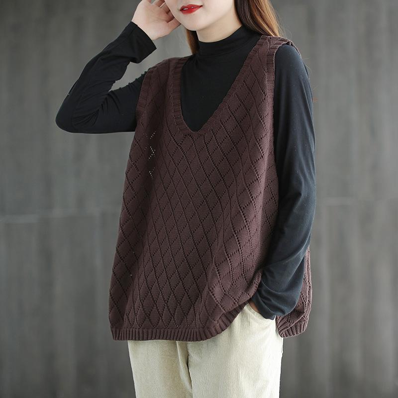 Women's Loose Knitted Vest Retro V-neck Plus Size Hollowed Out Vest Sweater for Women