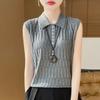 Женская весенняя новая шерстяная камвольная трикотажная жилетка с воротником-поло, однотонная, свободная, без рукавов, внутренняя одежда
