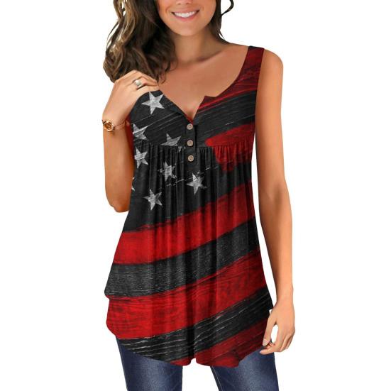 Women Vest Round Neck Buttons Half Placket Sleeveless Tank Tops US Flag Pattern Flowy Hem Camisole Daily Wear