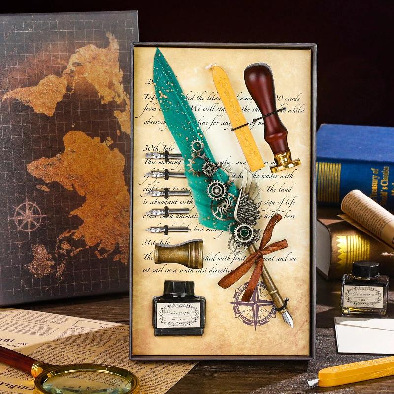 Luxury Fountain Pen Set Vintage Sprinkling Gold Feather Pens Ink Bottle Calligraphy Writing Dip Pen-s Birthday Gift 5 Nib Quill