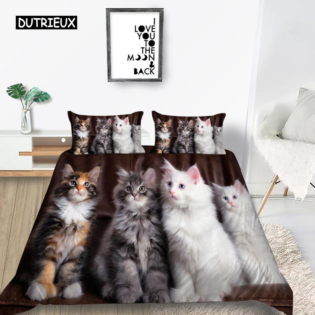 Комплект постельного белья с рисунком кота размера King Size из микрофибры с милым принтом животных для девочек-подростков и детей, комплект постельного белья с рисунком милой кошечки