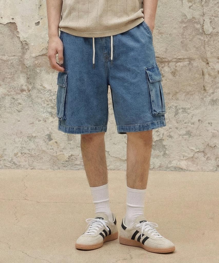 AGOD Bermuda Wide Single-Pleat Cargo Denim Shorts [Medium Blue]