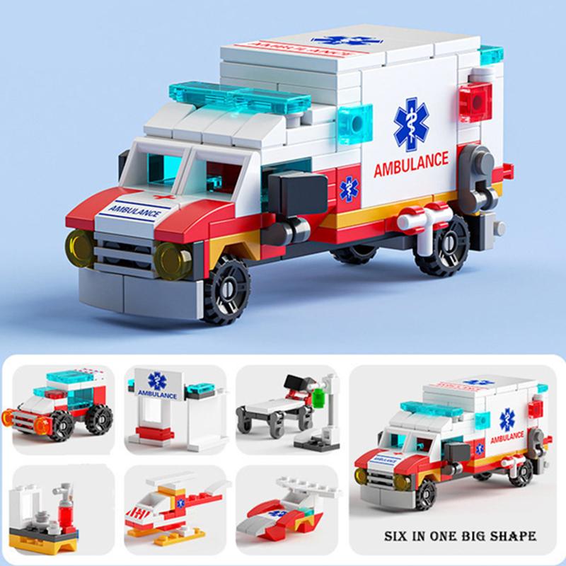 6In1 Ambulance Escort Car Helicopter Paramedic Doctor Mini Loader Truck Classic Model Building Blocks Sets Bricks Kids Toy City