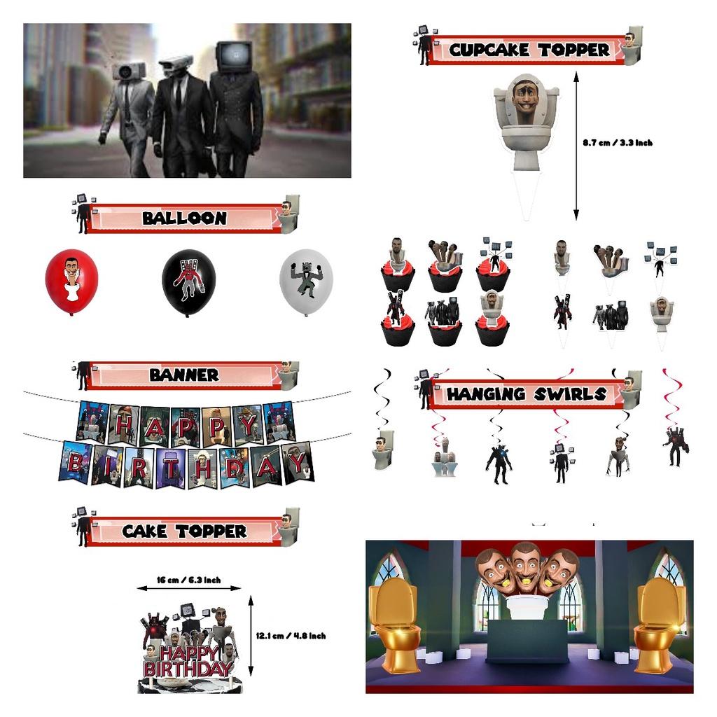 Набор для украшения дня рождения в стиле Skibidi Toilet Тематический топпер для торта-монстра, бумажные флажки, воздушные шары и многое другое!