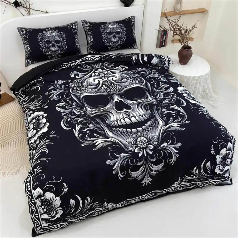 Готический комплект пододеяльника с черепом, черно-белый дизайн, викторианский барокко, размер Queen/King, комплект постельного белья с наволочкой для спальни