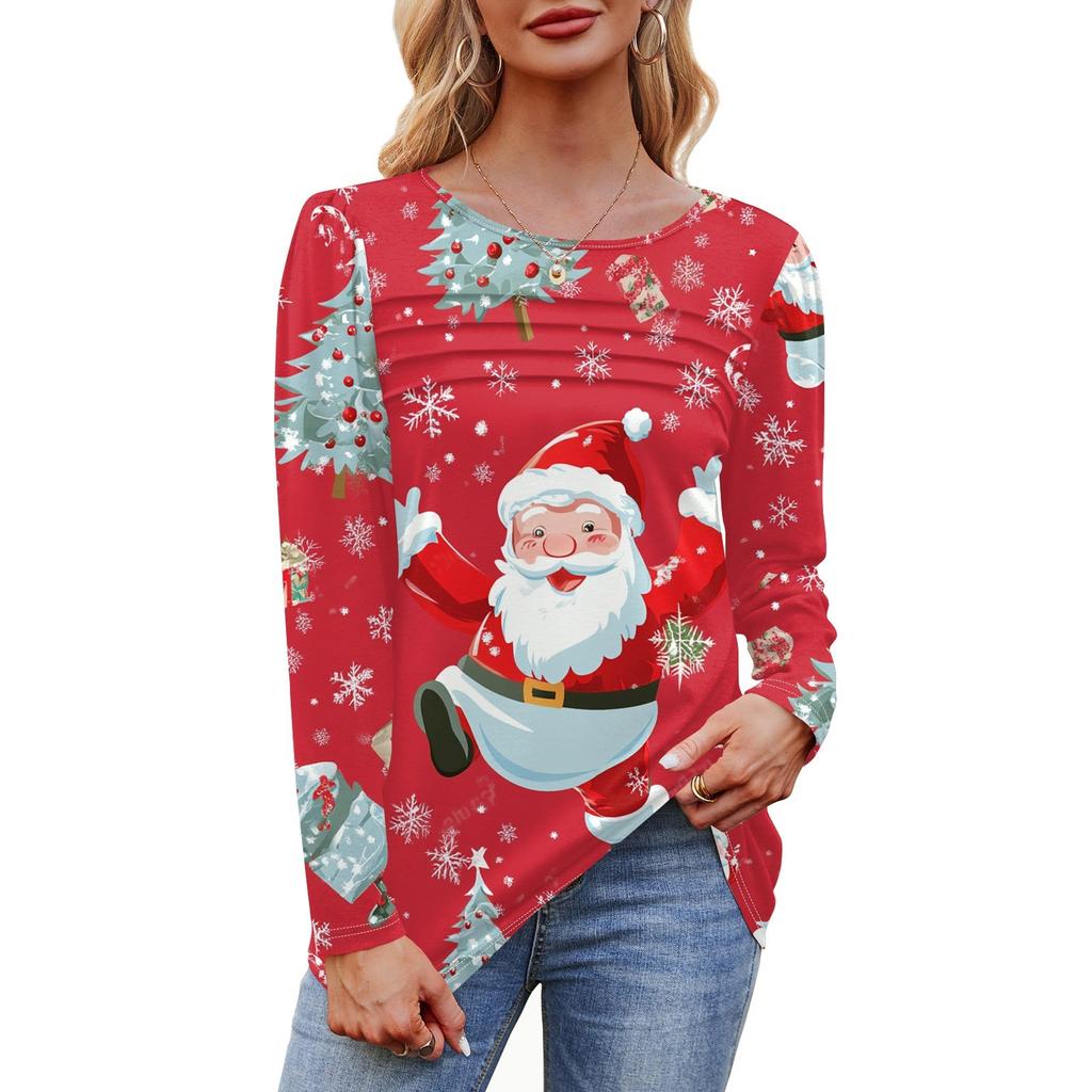 Женская футболка с круглым вырезом и длинными рукавами с принтом рождественской елки и снежинки