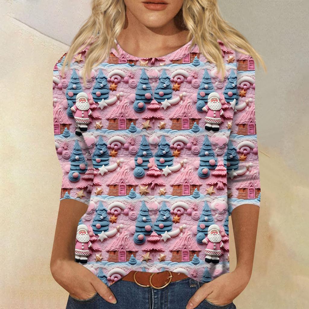 Women's Fashion Casual Round Neck 3/4 Sleeve Loose  Printed T-Shirt Ladies Top