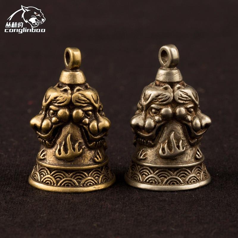 Медный колокольчик с тремя головами льва, маленькие украшения для стола, украшения в стиле фэн-шуй, ретро латунный брелок, подвески, домашний декор для гостиной