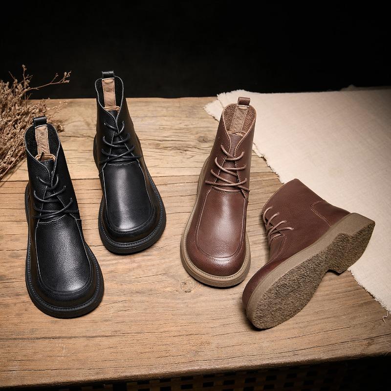 Ботильоны с большой головкой, Ретро кожаные ботинки, Женские туфли с высоким верхом