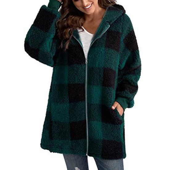 Женское пальто, клетчатая молния с капюшоном, свободные карманы, куртка-кардиган, осень-зима, толстое плюшевое пальто, уличная одежда