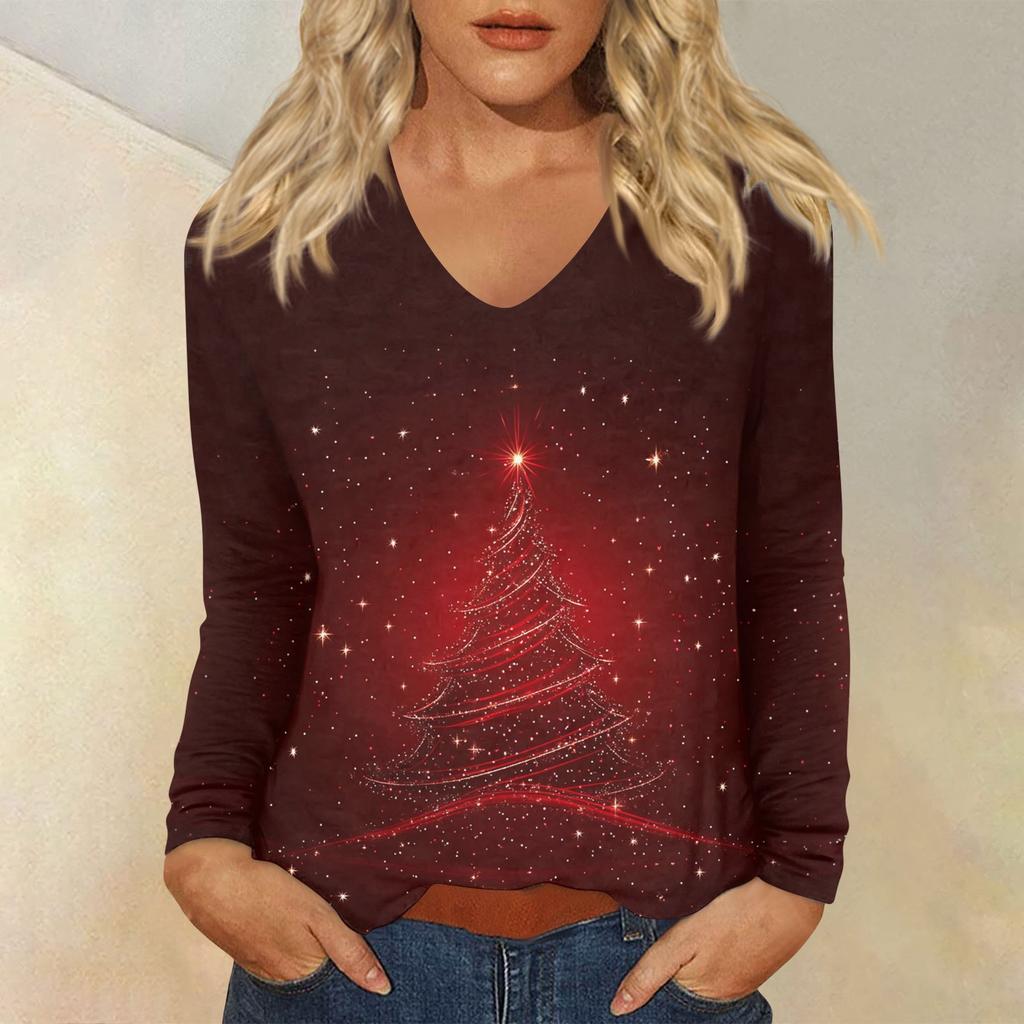 Women's Daily Casual Long Sleeve Christmas  Print V-neck Top