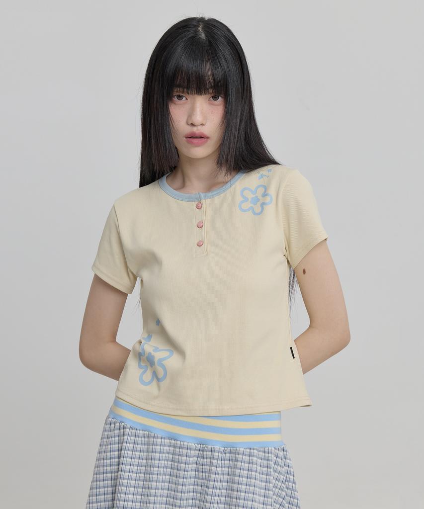 WAIKEI Flower Henley Neck Short Sleeve T-Shirt Lemon