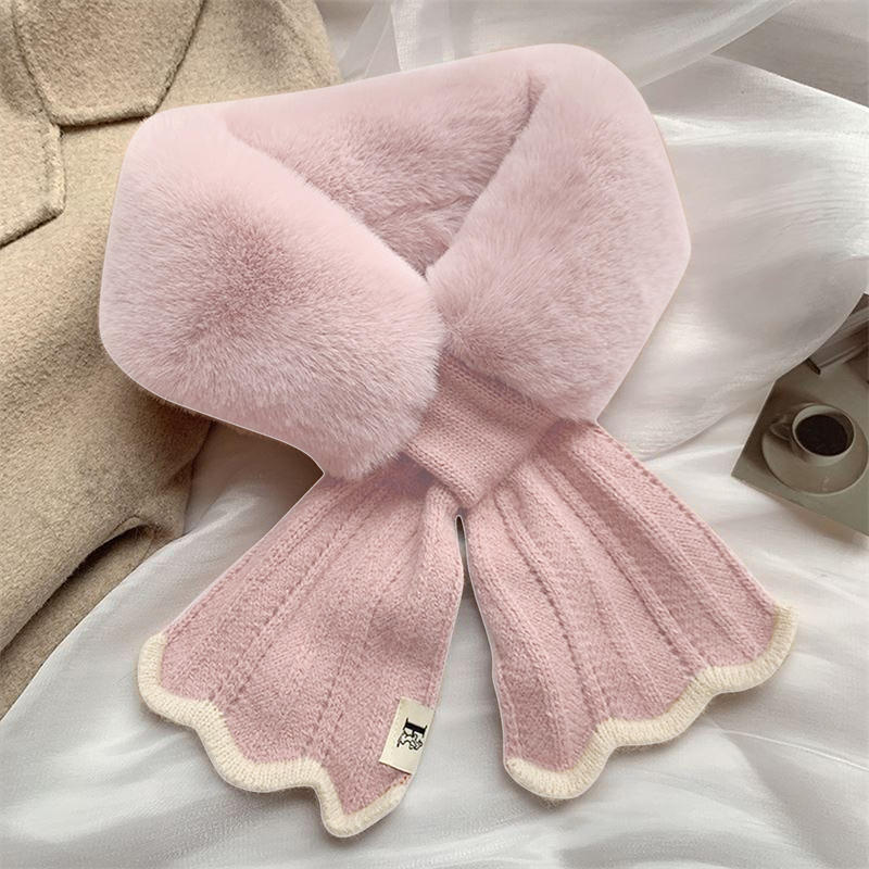 Winter Plush Scarf Woman Thick Fish Tail Wool Knit Cross Fur Collar Outdoor Cycling Neck Protect Cervical Spine Warm Scarve