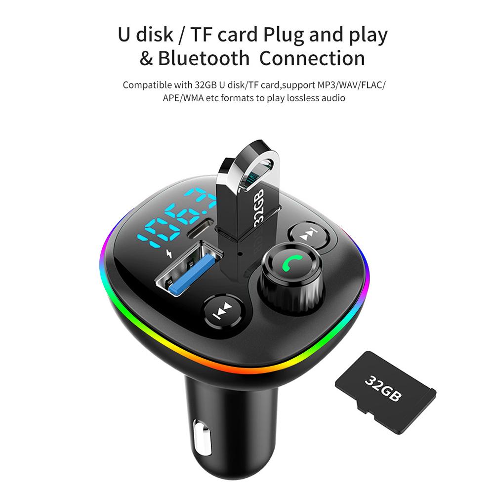 Автомобильный Bluetooth 5.0 FM-передатчик PD Type-C Dual USB 12 В-24 В быстрое зарядное устройство Цветной окружающий свет Handsfree MP3-модулятор плеер
