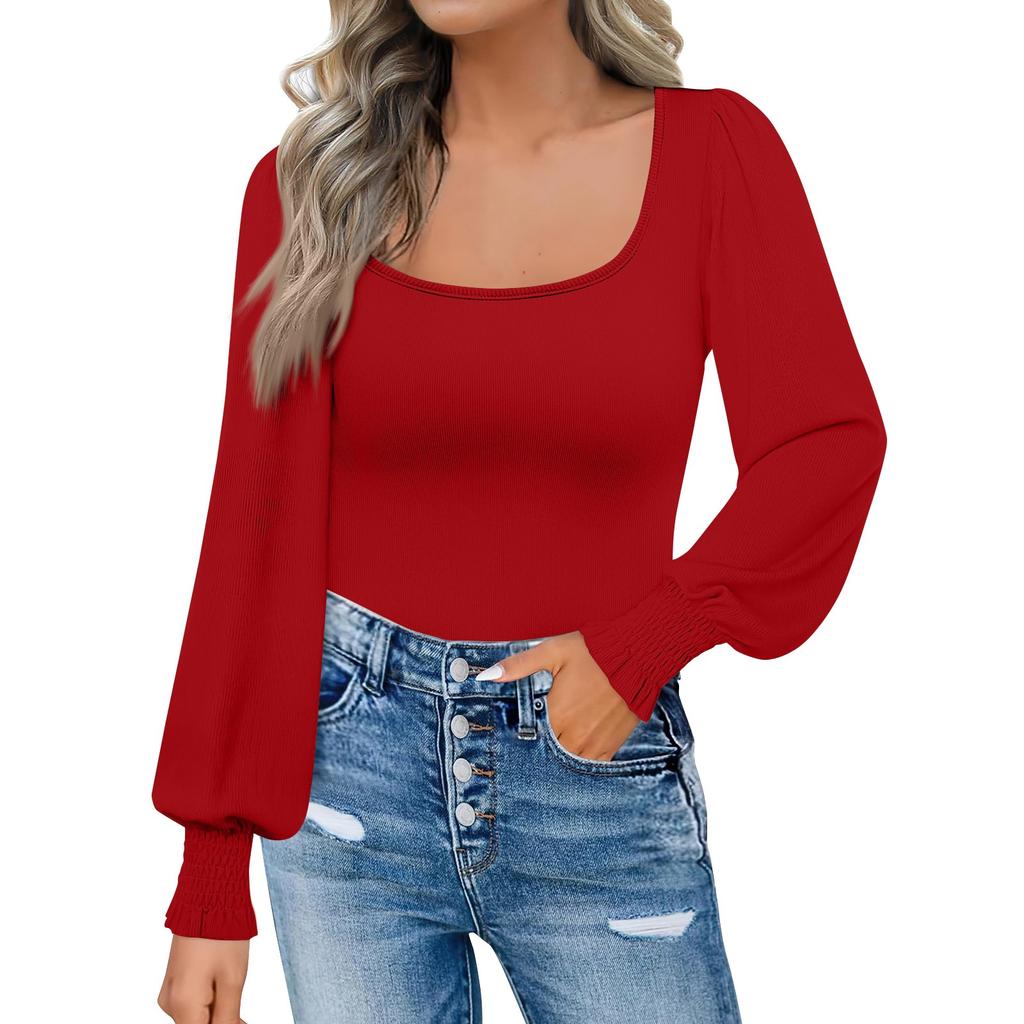Women's Fashion Casual Square Neck Slim Bubble Long Sleeve Solid Color Top