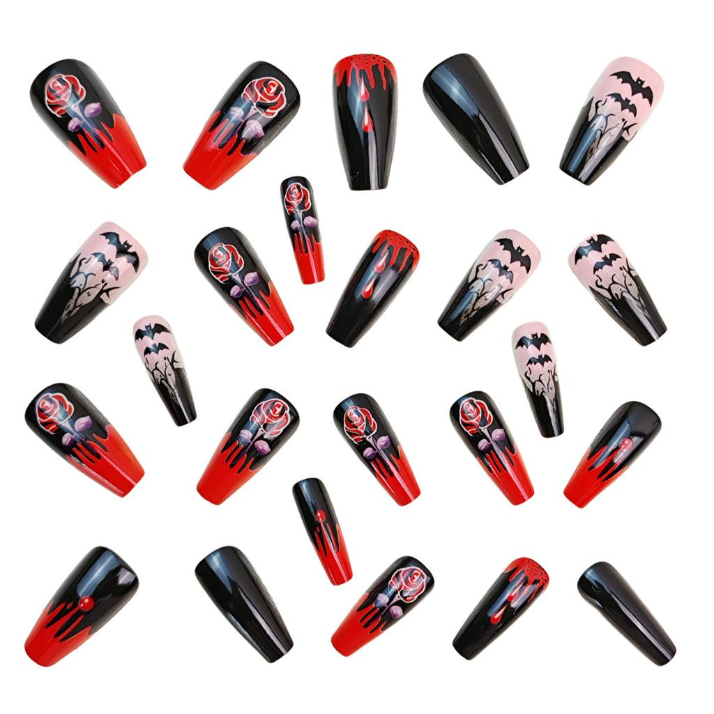 Жуткий Сезон Накладные Ногти Красные Готические Мотивы Капли Крови Роза Капли Крови Арт Глянцевые Удобные в Носке Вечеринка Аксессуары